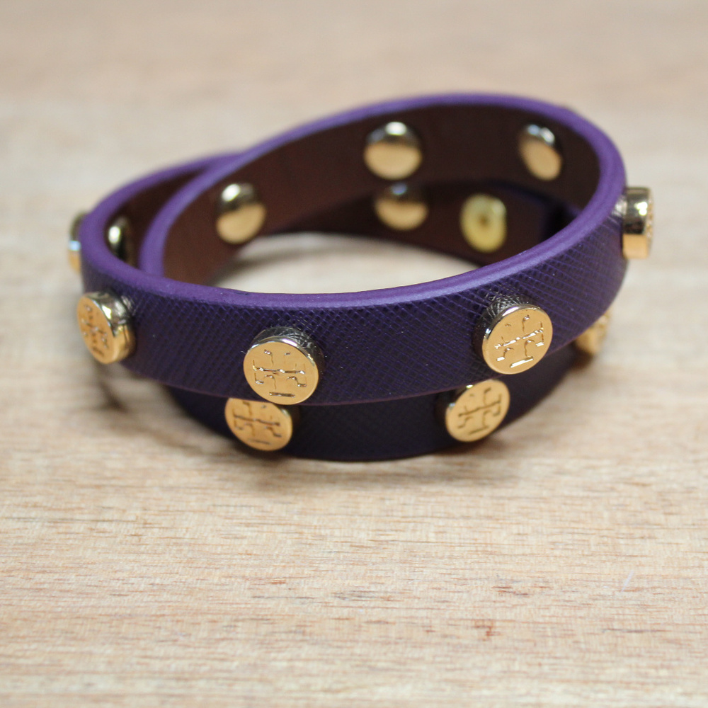 Tory Burch Purple Leather Wrap Bracelet with Gold Studs